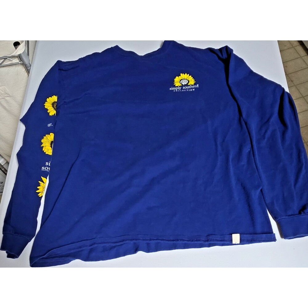 Simply Southern Women's Blue Sunflower Bee Graphic Cotton Long Sleeve Tee L